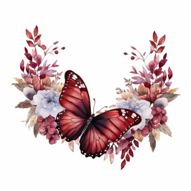 maroon butterfly on a flower border clipart, white background, watercolor, vector