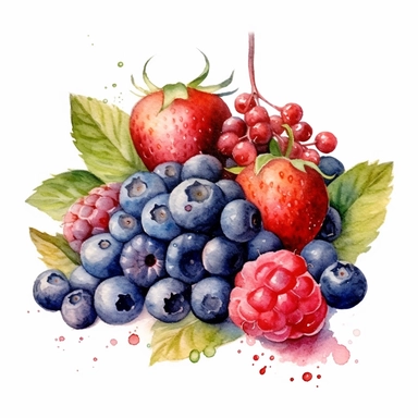 watercolor colorful clipart of a fresh bunch of summer berries, hd, on white background