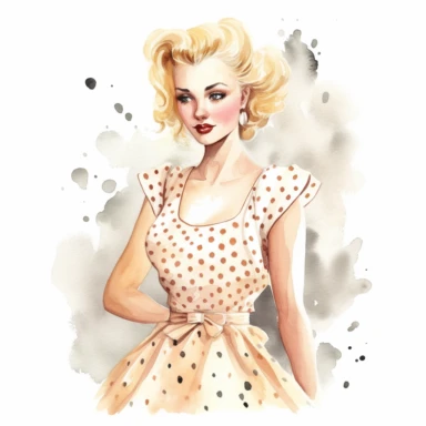 watercolor, hyper realistic, white background, white margins, 16k, ultra detailed clipart, cut out image, hand-drawn, whimsical a pretty lady wear a vintage-inspired polka dot dress with a sweetheart neckline, reminiscent of the classic summer style.