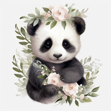 Cute baby Panda PNG, full body, Panda Clipart Illustration, Cute Clip Art for Sublimation, Scrapbooking and Crafts, Panda Art for Kids , flowers on head, white background, v4