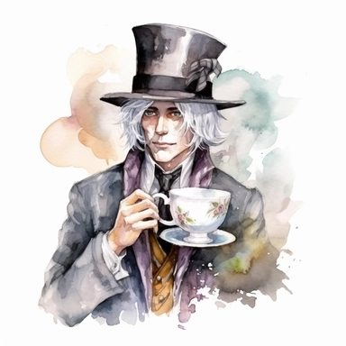 a young handsome man with grey hair wearing a very big steampunk hat and mechanical coat, and a metallic cup of tea in his hand. In the style of the mad hatter. Watercolor style, crisp white background, clipart