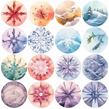 snow,flake, geometry ,fantasy scene, Watercolor clipart bundle, png format, 300 dpi, 8k, colorful