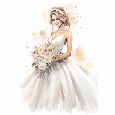 beautiful watercolor fun, happy and cute photorealistic stylish, smiling bride in white wedding dress and tiara beautiful, whole body, decorated in big pastel and light colors flowers in the style of aquarelist, wedding illustrations award winner, wedding clipart, 8k, white background, intricate details illustrations very detailed, uhd exquisite clothing detail, rimel neffati
