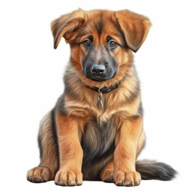 hyper-realistic clipart of an adorable German Shepherd puppy on a white background. Capture the playful and curious nature of the puppy, showcasing its intelligence and loyalty. Pay attention to the distinct features of the German Shepherd breed, including its pointy ears, expressive eyes, and beautiful coat markings. Use a mix of warm and neutral tones to bring out the puppy's natural colors and textures. Focus on the puppy's endearing face and capture its innocent and gentle expression. Add su
