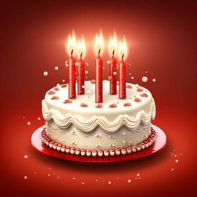 Design a clipart image of a symmetrically frosted red velvet cake with small-sized thin candles white candles. Depict a velvety red-colored cake with immaculate cream cheese frosting, featuring a symmetric candle arrangement of small-sized candles that adds a touch of elegance to the celebration.