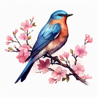 clipart of A bright blue and orange Eastern Bluebird perched on a branch of pink cherry blossoms., vintage, fantasy, story book, uplighted, watercolor, black ink style, beautiful colors, white background