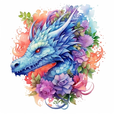 Exquisite 4K floral watercolor dragon clipart, an artistic fusion of fantasy and nature, where the dragon's body is intricately entwined with intricate floral elements, delicate blossoms and vines accentuating its graceful form, every stroke and detail meticulously crafted with vibrant watercolor pigments, capturing the magical essence of the creature