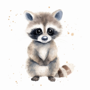 a graceful baby raccoon with kind eyes clipart with watercolor illustration,full body shot,8k,etsy style, white background