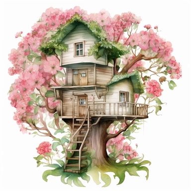 Azalea Treehouse - From the Whimsical Botanical Dwellings collection, this watercolor clipart exhibits a dreamy treehouse designed from Peony Blush azaleas and Fern Green leaves. The clipart is separated from the white background, causing the whimsical treehouse to stand out, highlighting its soft pink and green hues.