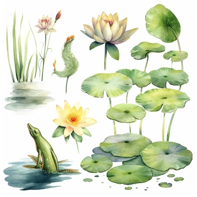 Watercolor Lily Pond Clipart, lily pad and frog pond, CLIPART, fish and birds