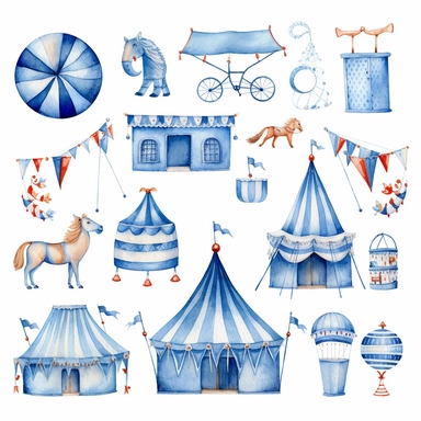 watercolour clipart of blue and white Carnival Nursery Art, with white background