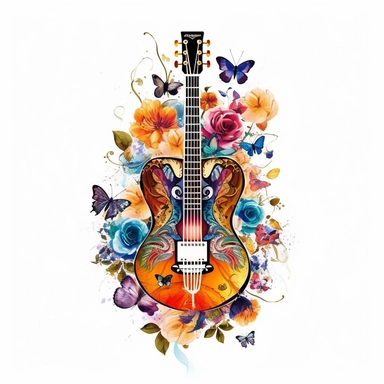 clipart de guitarra española con mariposas y flores, acuarela, 16k, hiper minimalista, megapixel, full color, super detailed,insanely detailed and intricate, ultra detallado