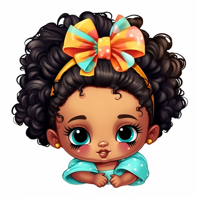 Cute Pekapoo baby black new born girl clipart with two massive hair buns in colorful cloth, white background
