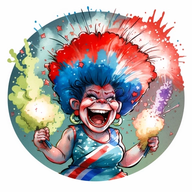 a sticker, a watercolor painting, red, white, and blue colorsplash, clip art, a cute troll with a big smile dressed as Lady Liberty with a background of colorful fireworks.