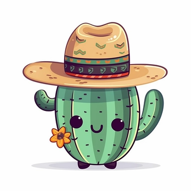 a cute cactus with a sombrero and a mustache, clipart design, super cute, isolated white background, high quality, 2d, vector, flat