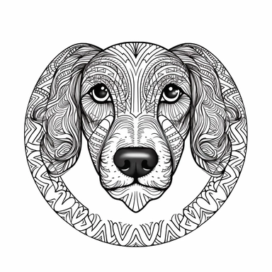 logo, mandalas dachshund dog , head, facing front, cute, circle frame, cartoon clipart, vector, bold line, white isolated background, high definition
