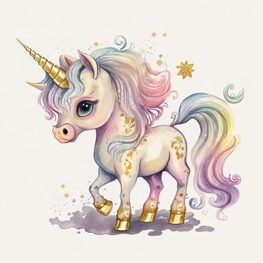 fantasy baby unicorn, clipart watercolor illustration, aquarallist, cute, big eyes, pretty gold and cream, unicorncore, fairycore, free brushwork, watercolor, light and bright, four legs, gold horn, sparkle, skarklecore, detailed, isolated on a white background,