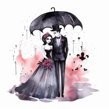 Lovecore. Clipart. A captivating gothic wedding illustration in a watercolor style with a touch of flat design. The artwork features a bride and groom in a whimsical and stylized representation. The composition is set against a clean white background, allowing the bold colors and clear contours to stand out. Emphasize the gothic theme with a color palette consisting of dark shades of black, deep red, and other complementary neutral tones. The illustrations should have a minimalist aesthetic with