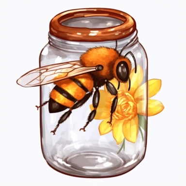 honeybee seitting on a transparent glass jar filled with honey, clipart on a white background, clipart transparent background, clipart sticker