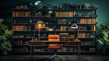 Create a captivating office space background for your YouTube channel, dedicated to exploring conspiracy theories and unexplained phenomena, with a well-matched color palette, practical lighting, and a nighttime ambiance. Select an office space that strikes a balance between vintage and contemporary aesthetics, incorporating elements like a classic wooden desk, modern technology, and shelves filled with books on conspiracy theories and unexplained phenomena. Choose a color palette that combines 