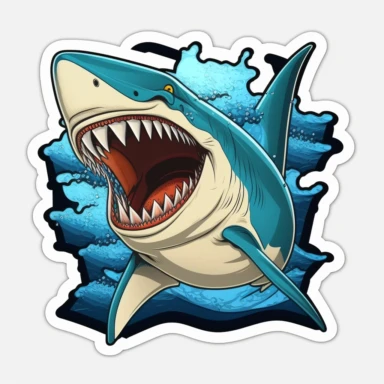 An illustration of a cartoon shark with its jaws open, showing its sharp teeth-- clipart sticker