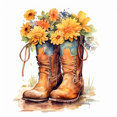 Clipart, A pair of boots with flowers, watercolor painting by Dorothy Hood, shutterstock contest winner, american scene painting, detailed painting, watercolor, white background, behance hd, detailed painting