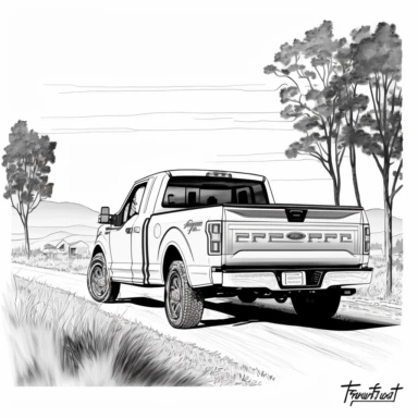 ford pickup truck driving away, license plate visible, adobe illustrator, illustration, black and white line art, dynamic composition, forced perspective, clipart, blank background