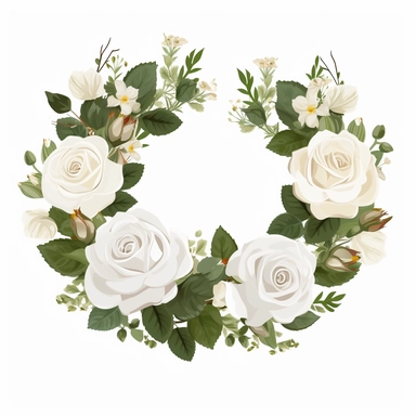 2 White Roses Flower Crown, Clipart, White background, in Flat Design