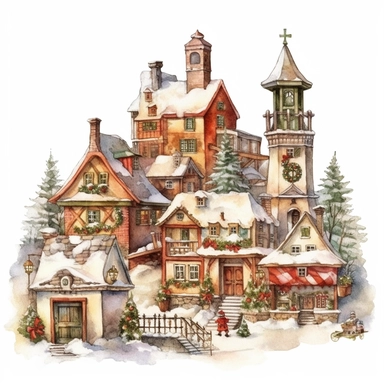 watercolor clipart of a vintage Christmas village, isolated on white background