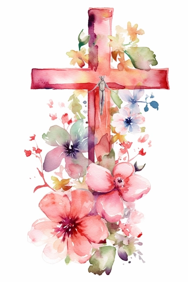 christian cross watercolor clipart, pink color, with flowers, hd, on white background, spaced out