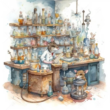 A whimsical scene of a mouse scientist conducting experiments in a cluttered laboratory filled with bubbling test tubes, beakers, and scientific equipment. Watercolor clipart in HD on a white background.