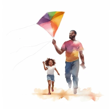 black father and daughter flying a kite, clipart, watercolor style, defined edges, white background