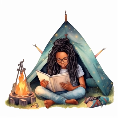 Watercolour Black teenage girl Reading Clipart, braids, forest library, surronded by fireflies, in sleeping bag, reading in a fort, Girl Studying Clipart, Book Lover , Student Clipart, Reading Png,Bookworm, hd, white background, spaced out, pastel colors, cartoon realism