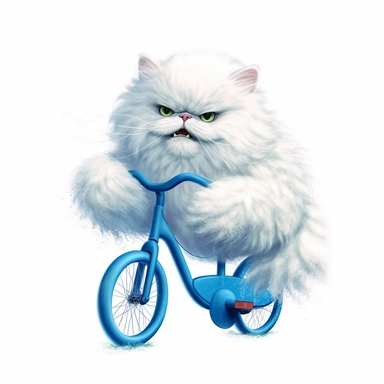 Create a clipart image of a white Persian cat riding a blue bicycle with a streamer on the handlebars. Low detail. White background, soft lighting. In the style of Bob Ross