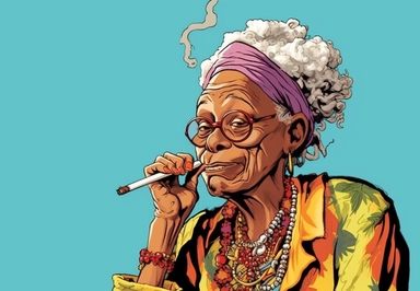 aughing funny Comic Book style Sassy hip African American Boho chic 60 year old Grandma with long rope style dreadlocks smoking a pipe puff puff pass Smoking blunt between her lips holding a cigarette lighter in one hand clipart Norman Rockwell Cartoon Cigarette cigar smoke on the side and tobacco on the side, in the style of cartoonish elements, animated gifs, clipart