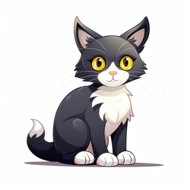 cute cartoon cat, black and white cat,smooth fur, black face with a little bit white by mouth, white paws, black legs, yellow eyes, full body sitting, white background, clip art, vector graphic
