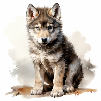 hyperrealistic ultra detailed watercolor clipart, cute baby wolf full body, isolated on white background, in the style of digital print, clipart, illustration, sticker, ultra high definition, rich details, 32K, HD