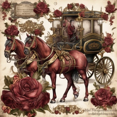 Royal Steampunk ClipArt, background paper, wall paper style, carriage, horses, roses, Watercolor Steampunk PNG, Victorian Clipart, Fantasy Clipart, deep reds and burgundy's and old paper textures, no text