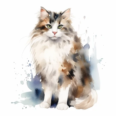 Playful watercolor cute norwegian forest cat clipart, isolated on white background, hd