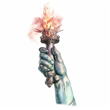 Liberty Statue Hand: Create clipart featuring the hand of the Statue of Liberty, with a raised torch or a gesture of welcome. Focus on capturing the intricate details of the hand and the torch flame. delicate detail, watercolor, in the style of artgerm, 2d game art, quadratura, clipart, on white background,