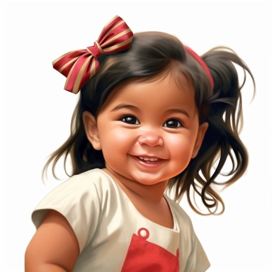 Adorable, cute, mexican, baby girl, happy, smiling, wearing a red shirt and a satin ribbon in her hair, extreme focus, professional artists rendition, no text, no logo, no name, no letters, Highly Detailed, clip art, white background, smooth edges, flawle