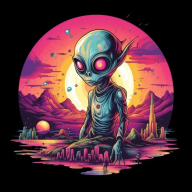 Artwork for t shirt graphic of majestic vibrant color magnificent funny Alien with planets and solarsystem in the Back, starting Rocket from the ground, in a pencil drawing style, A vibrant featuring a sun setting over a futuristic City, with a soft pink sky and a hint of orange in the horizon white background, colorful shades, Centered, highly detailed clean, vector image, photorealistic masterpiece, professional photography, realistic, flat white background, isometric, vibrant vector, clipart,