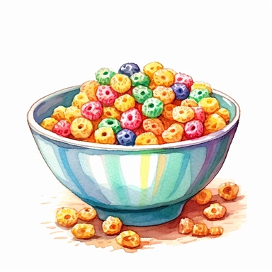 a delightful watercolor, hyper-realistic clipart image with a white background and white margins, showcasing a bowl of crunchy rice cereal with a splash of milk. The ultra-detailed, hand-drawn elements capture the texture and colors of the cereal pieces. Use whimsical touches to add a touch of playfulness, and bold shades of various colors to create a visually appealing and satisfying image.
