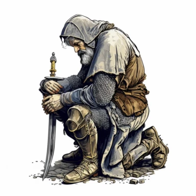old knight on his knee bows his head like he is praying and holding his sword horizontaly to the ground,design for tshirts + white background +,clipart drawing,clipart image,high definition drawing,clean colors,balanced colors,detailed drawing,--v 4