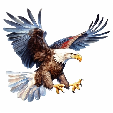 flying bald eagle with american flag in his talons, clip art, white background