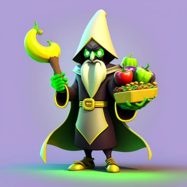 3D magical sorcerer with food and with 5 magical shiny rings in one hand and the other haver a magical banana wand with Green shiny Cartoon clipart mascot , 128K super mega pixel, insane detail, hyper-detailed, with huge details, UHD, 8K, transperent background