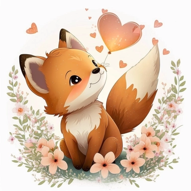 baby fox with hearts, butterflies flying, smiling, flowers, with lights, cute, clipart, kawaii, disney, detailed, ultra high definition