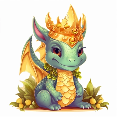 Cute dragon clipart, wearing a golden crown