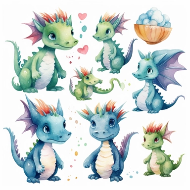 Dragons watercolor clipart, cute dragon PNG, nursery wall art, boys clipart, kids party, baby shower, white background