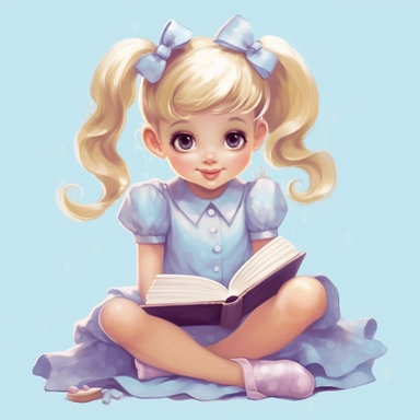 , A cute little girl about three years old, with pigtails on her head and blonde hair, wearing a flowing lila dress and socks on her feet is reading a book, lila, babyblue clipart, pastel,white background